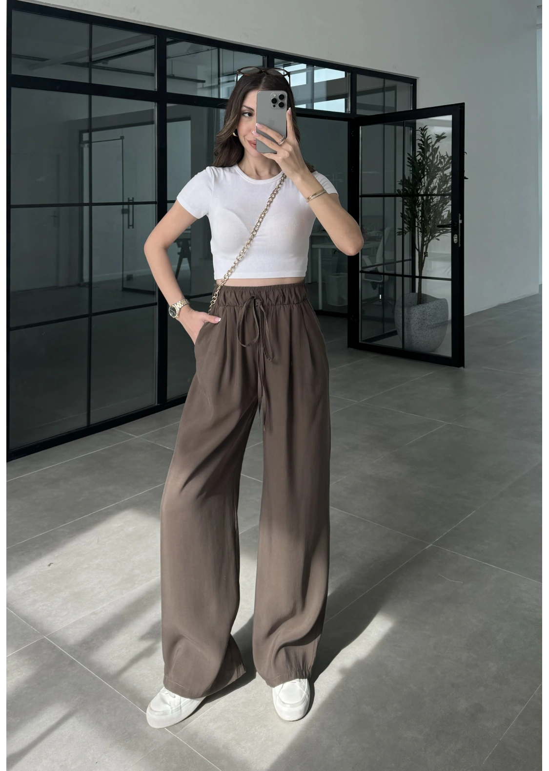 Alen Beli Lastikli Kahve Tensel Pantolon