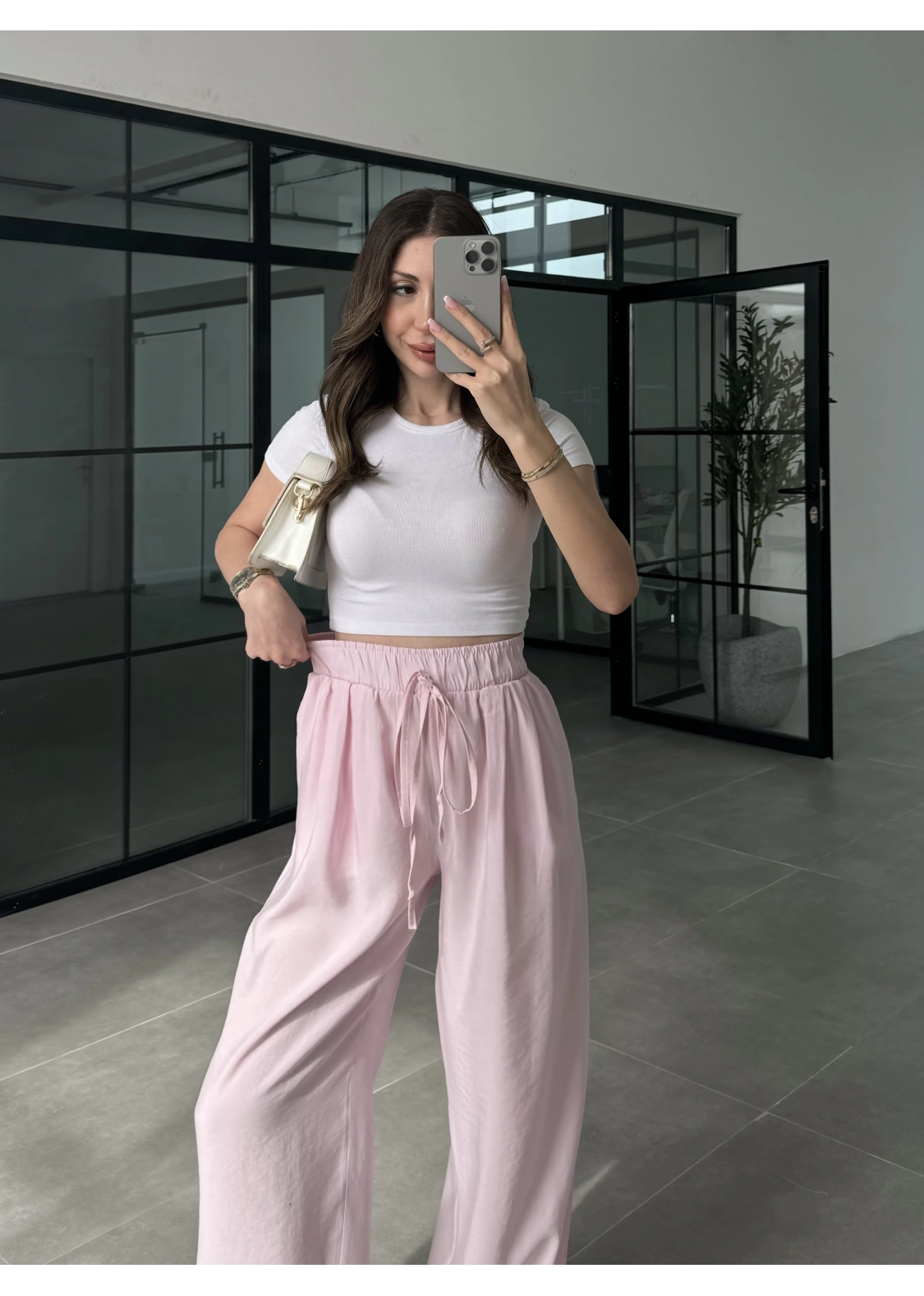 Alen Beli Lastikli Pembe Tensel Pantolon