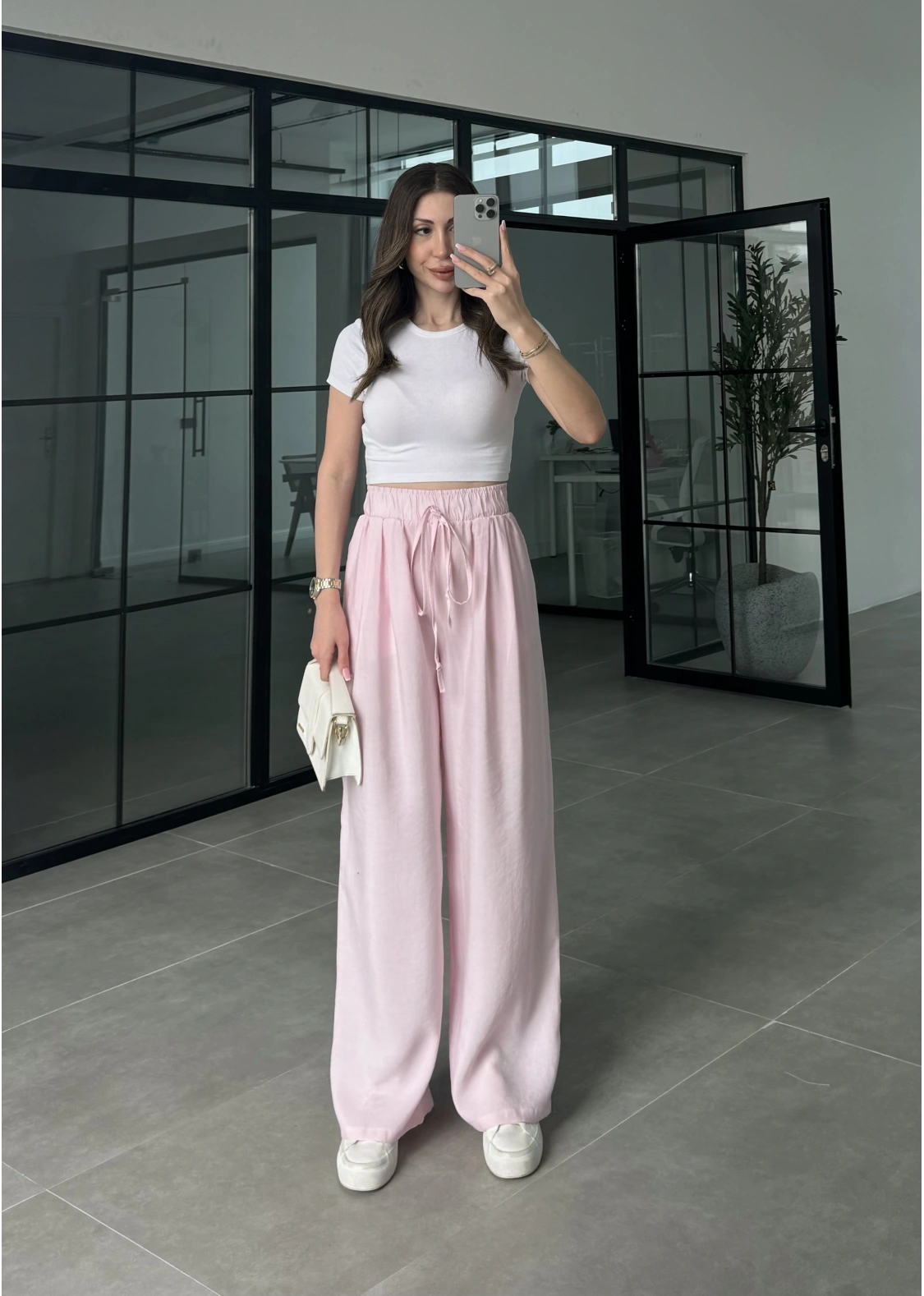 Alen Beli Lastikli Pembe Tensel Pantolon