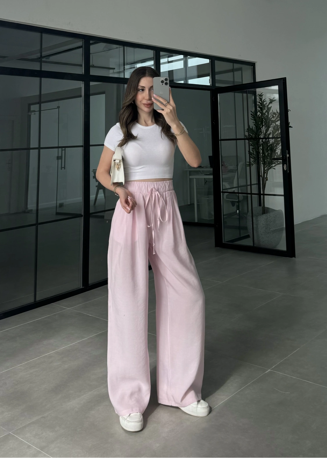 Alen Beli Lastikli Pembe Tensel Pantolon