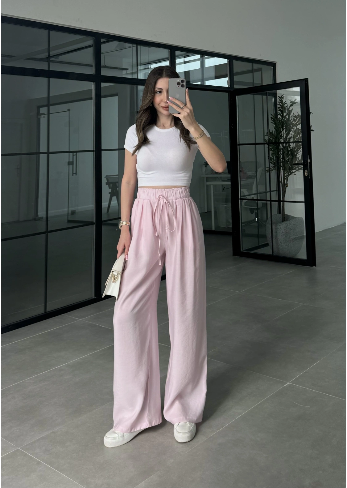 Alen Beli Lastikli Pembe Tensel Pantolon