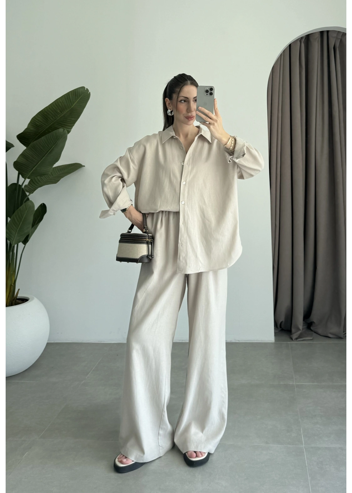 Anna Oversize Keten Bej Palazzo Takım