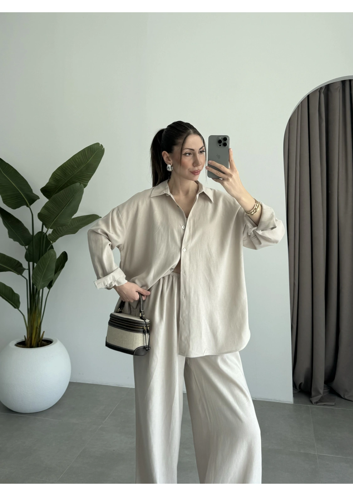 Anna Oversize Keten Bej Palazzo Takım