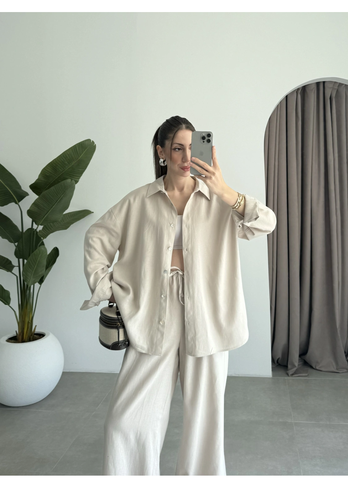Anna Oversize Keten Bej Palazzo Takım
