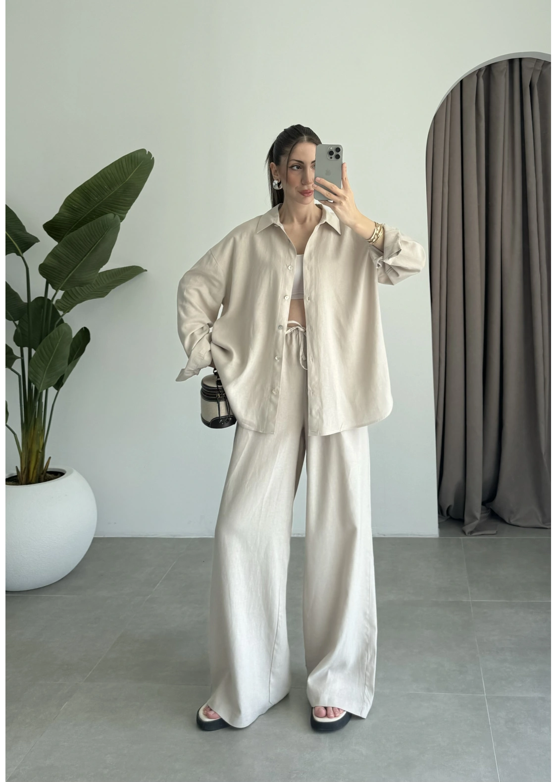 Anna Oversize Keten Bej Palazzo Takım