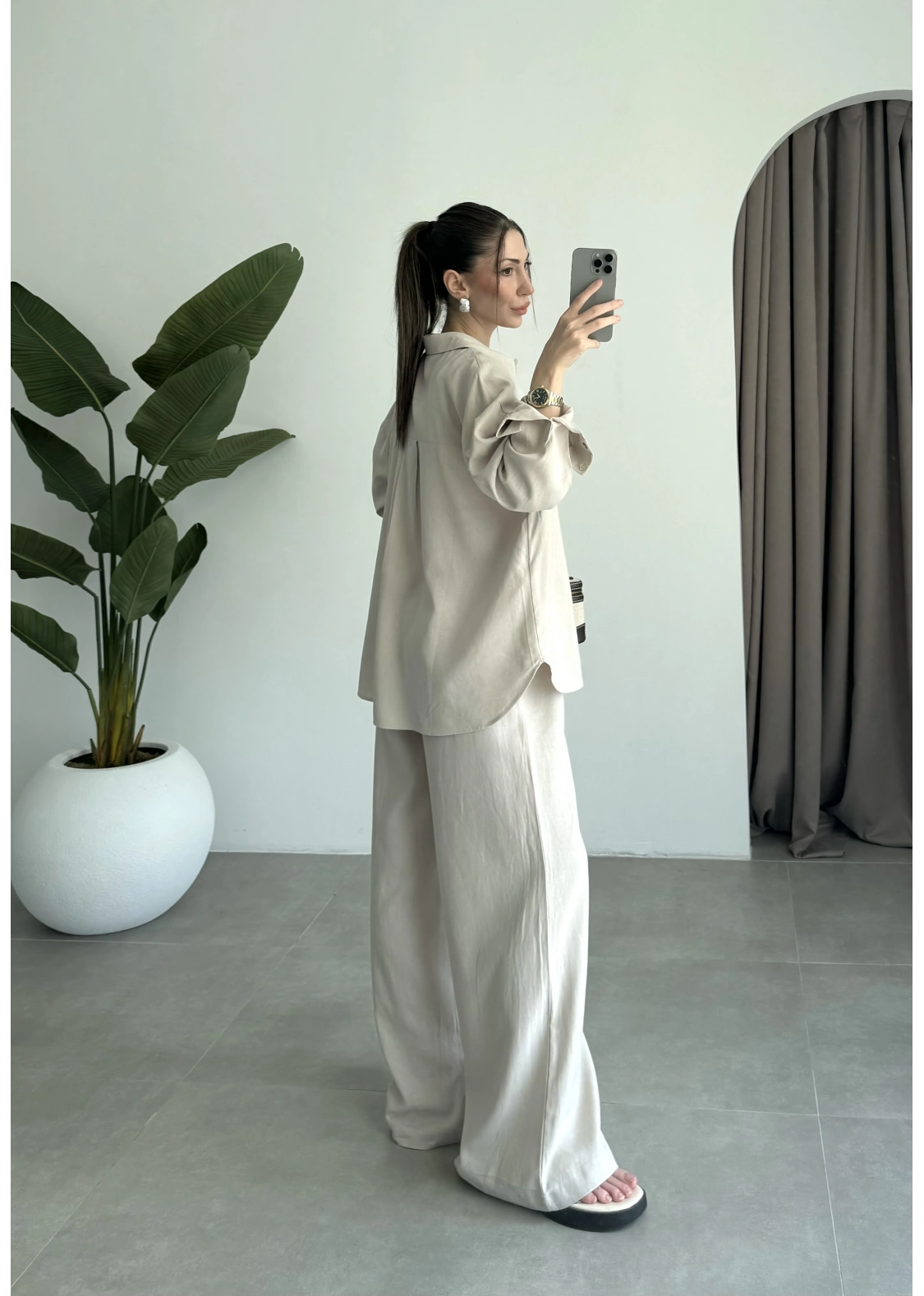Anna Oversize Keten Bej Palazzo Takım