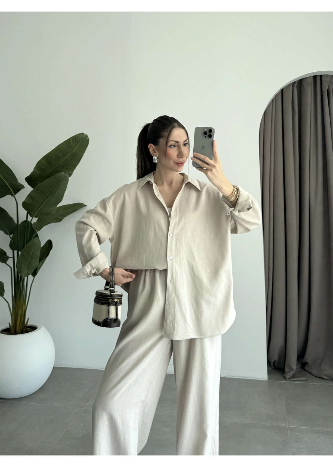 Anna Oversize Keten Bej Palazzo Takım