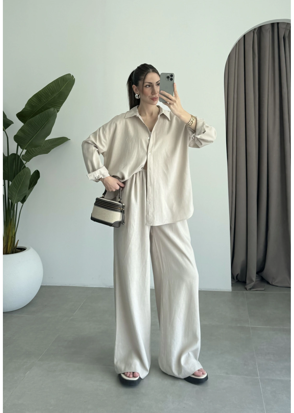 Anna Oversize Keten Bej Palazzo Takım
