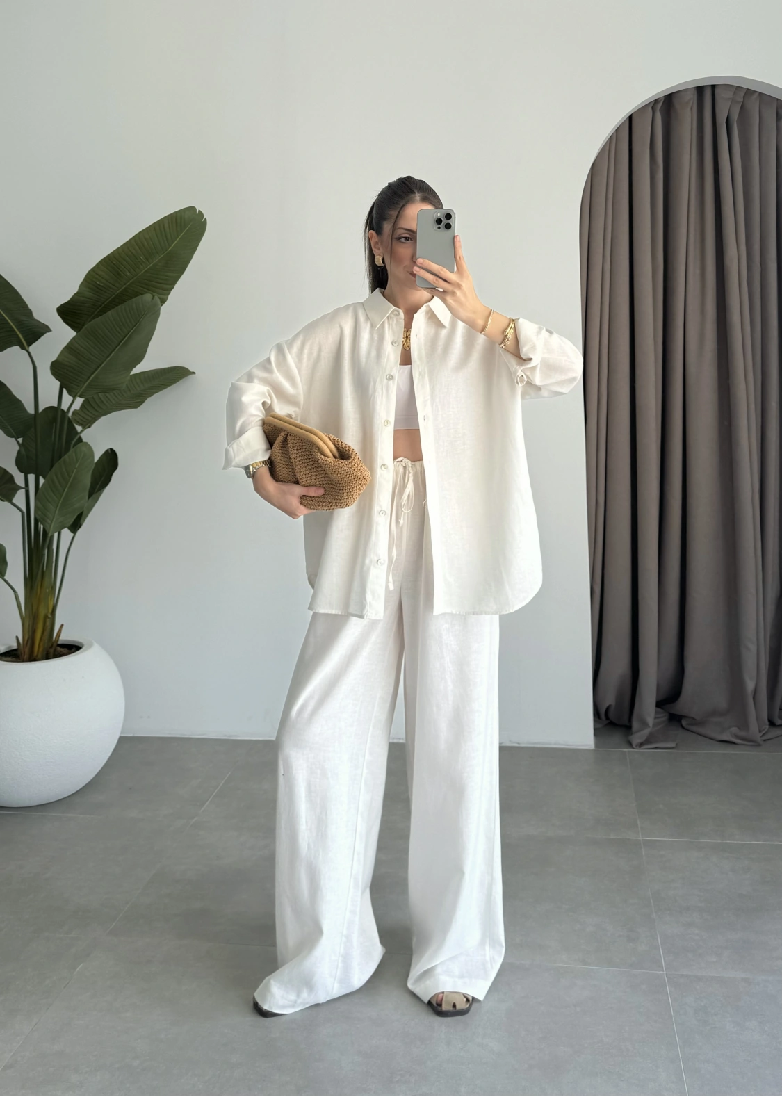 Anna Oversize Keten Ekru Palazzo Takım