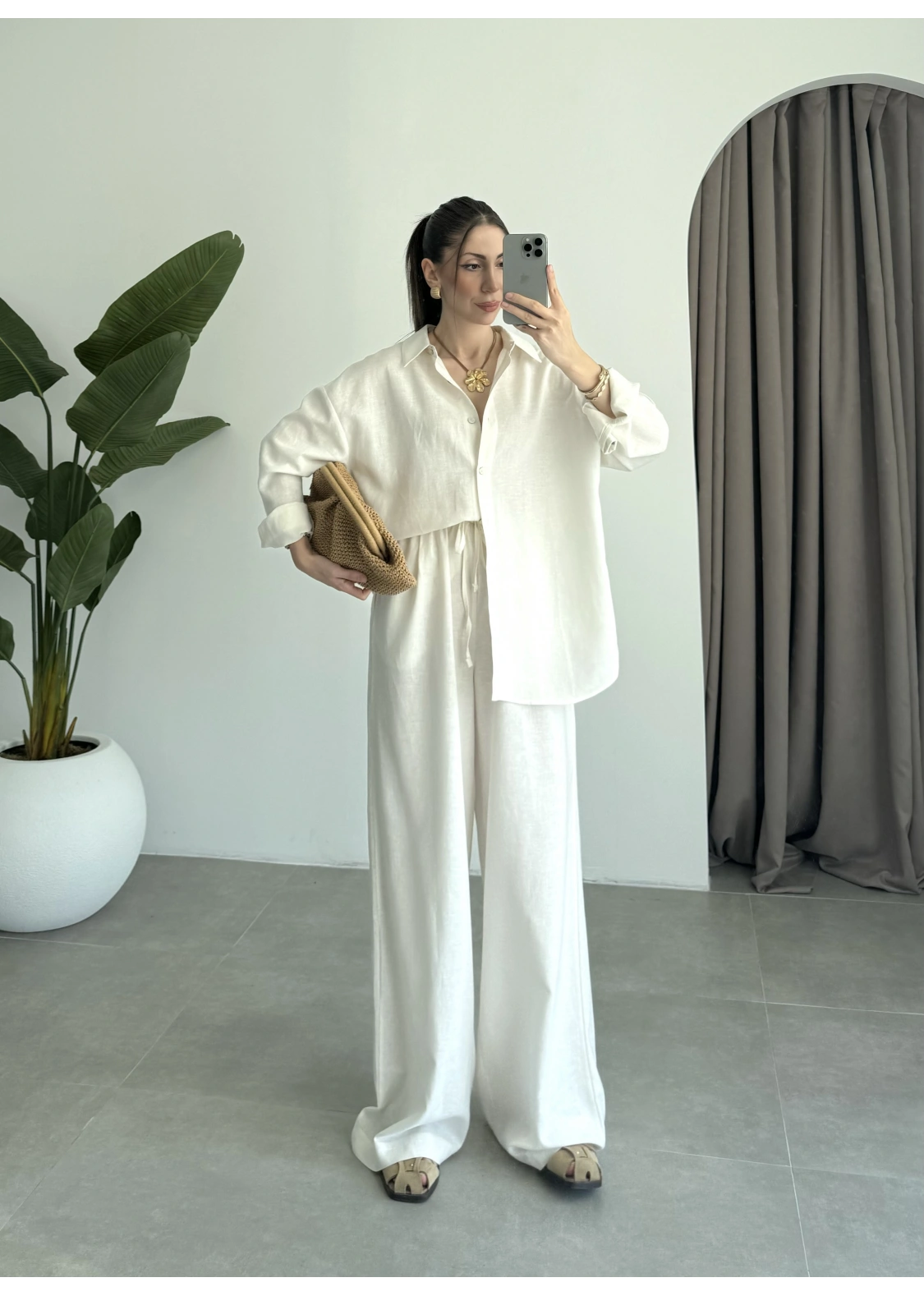 Anna Oversize Keten Ekru Palazzo Takım