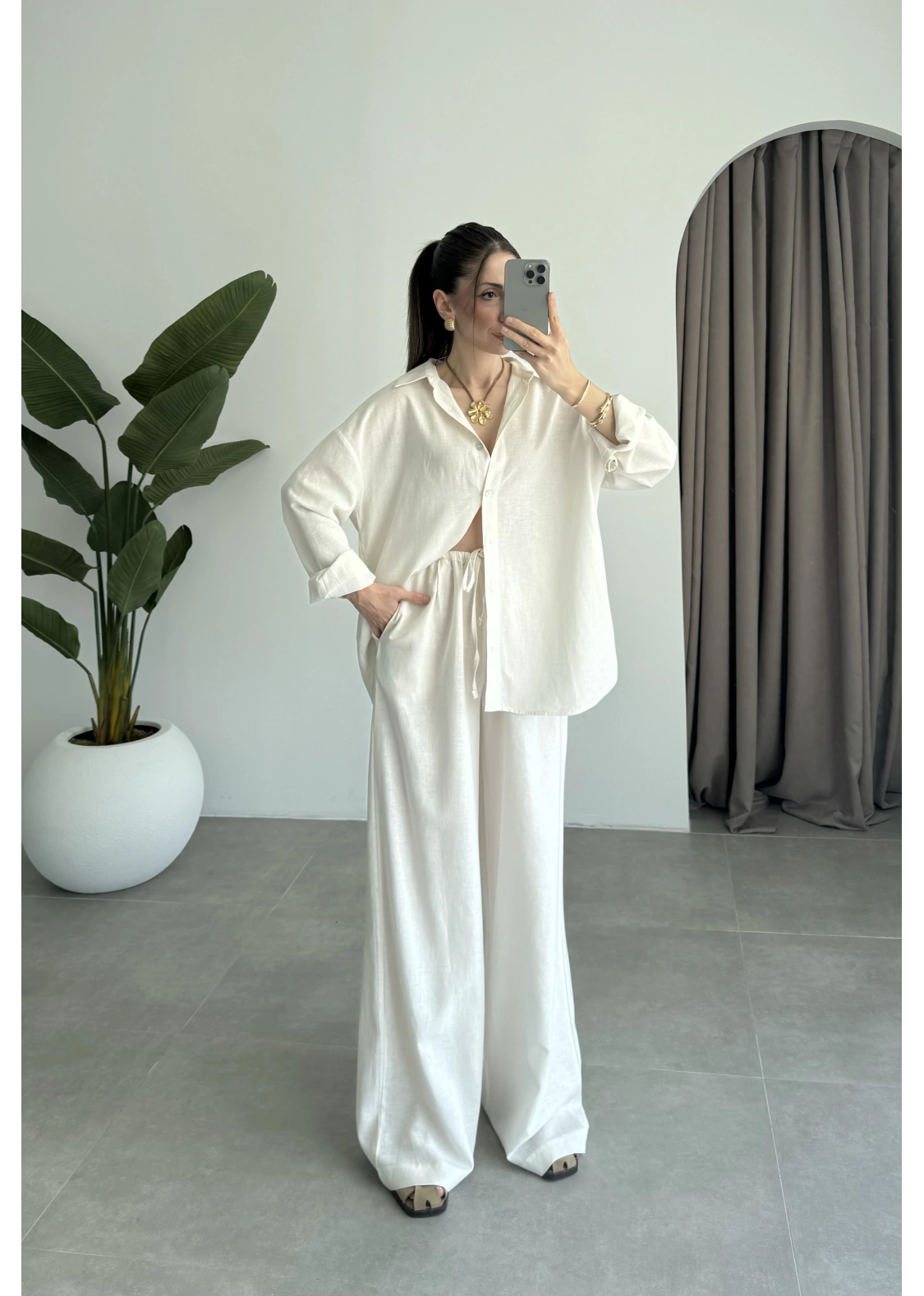 Anna Oversize Keten Ekru Palazzo Takım