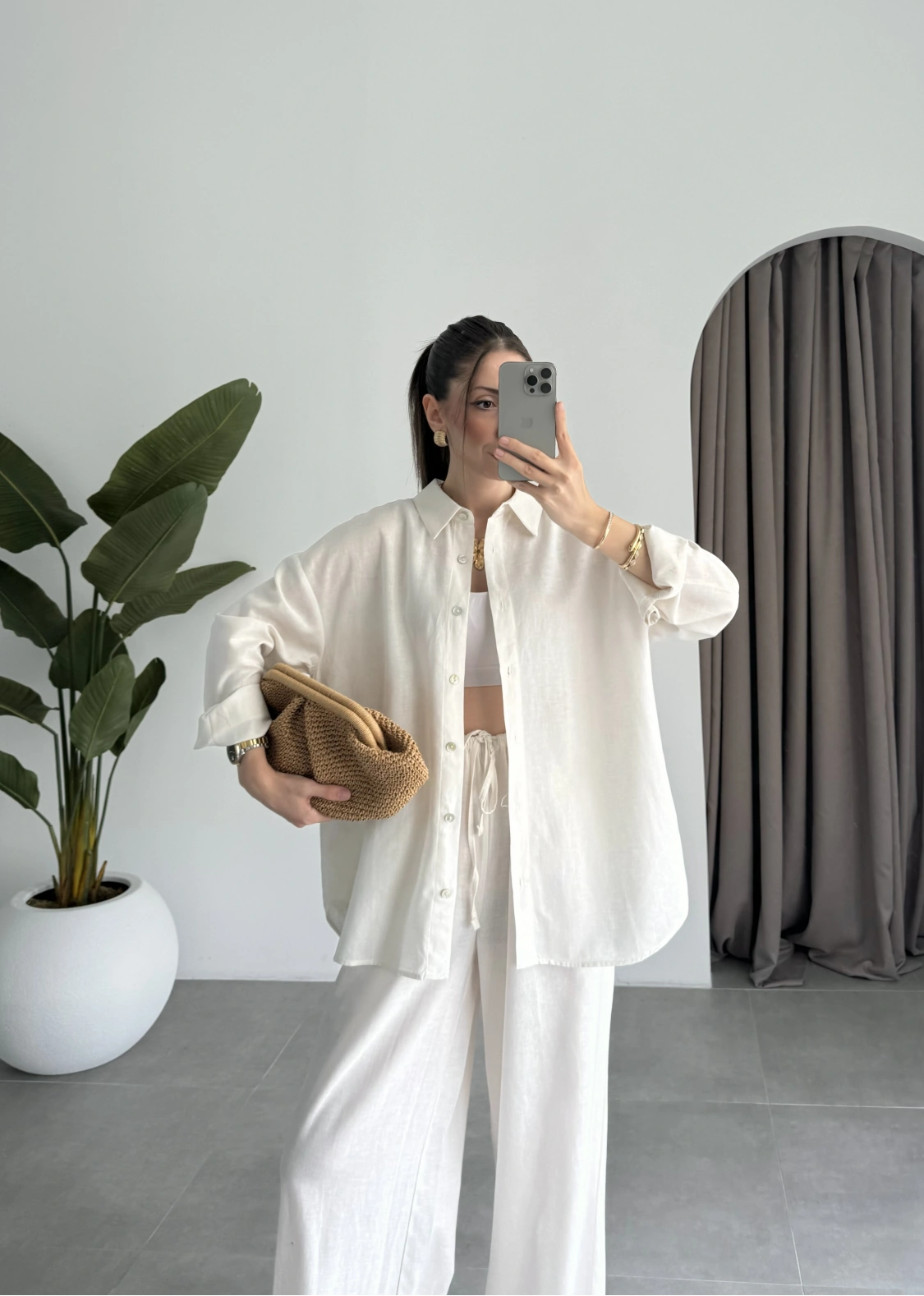 Anna Oversize Keten Ekru Palazzo Takım