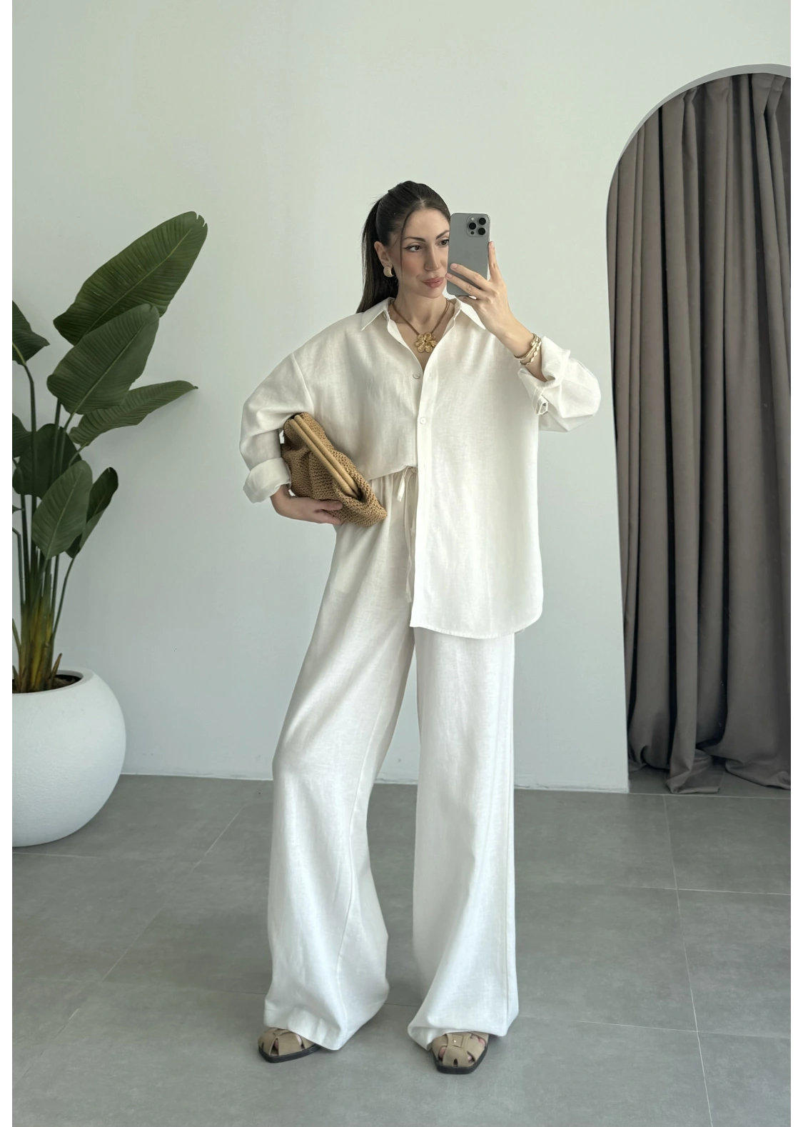 Anna Oversize Keten Ekru Palazzo Takım