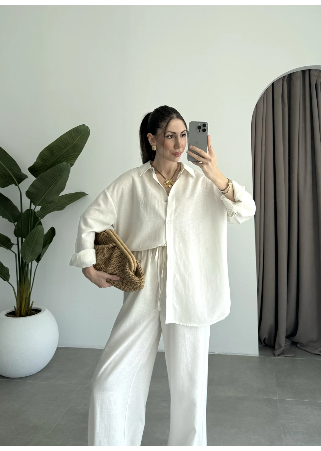 Anna Oversize Keten Ekru Palazzo Takım