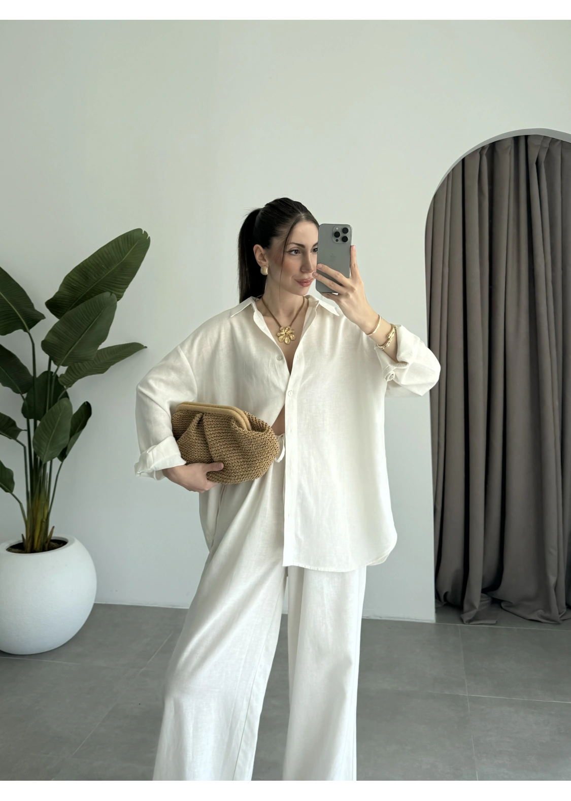 Anna Oversize Keten Ekru Palazzo Takım
