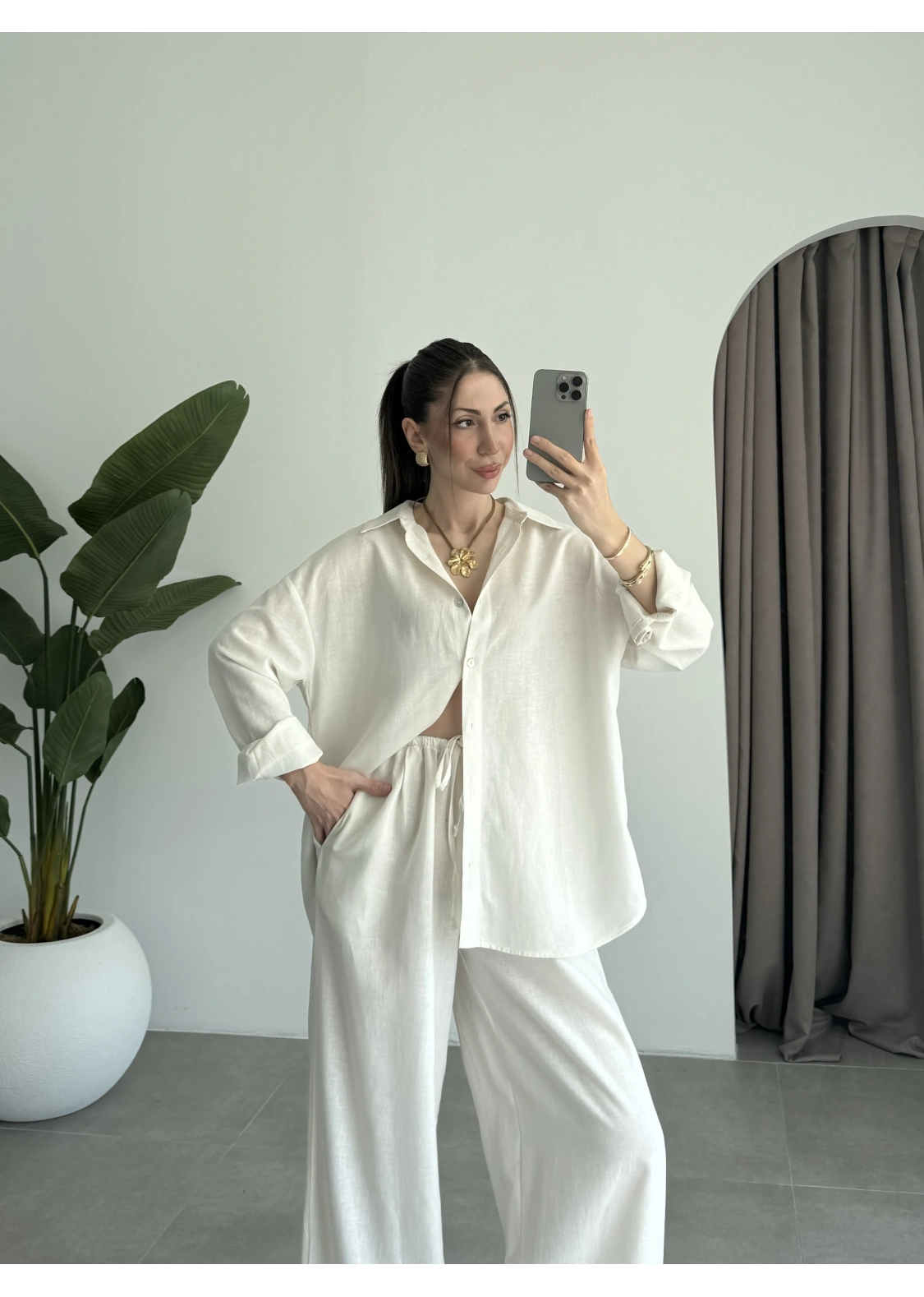 Anna Oversize Keten Ekru Palazzo Takım