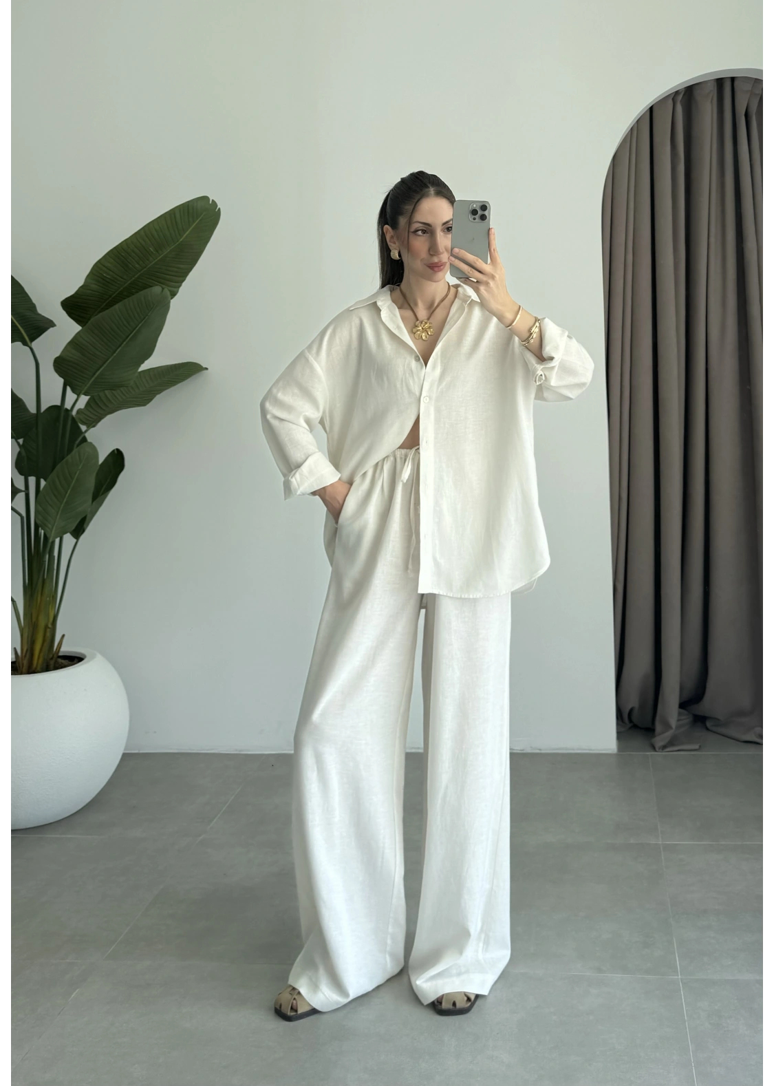 Anna Oversize Keten Ekru Palazzo Takım