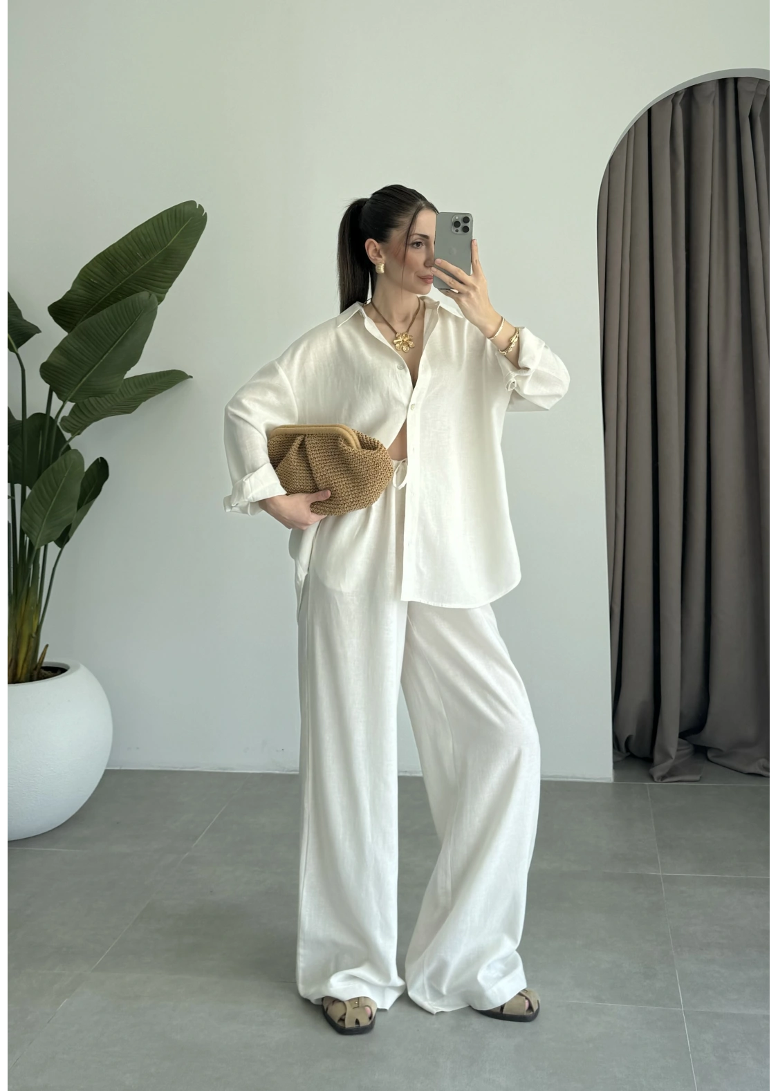Anna Oversize Keten Ekru Palazzo Takım