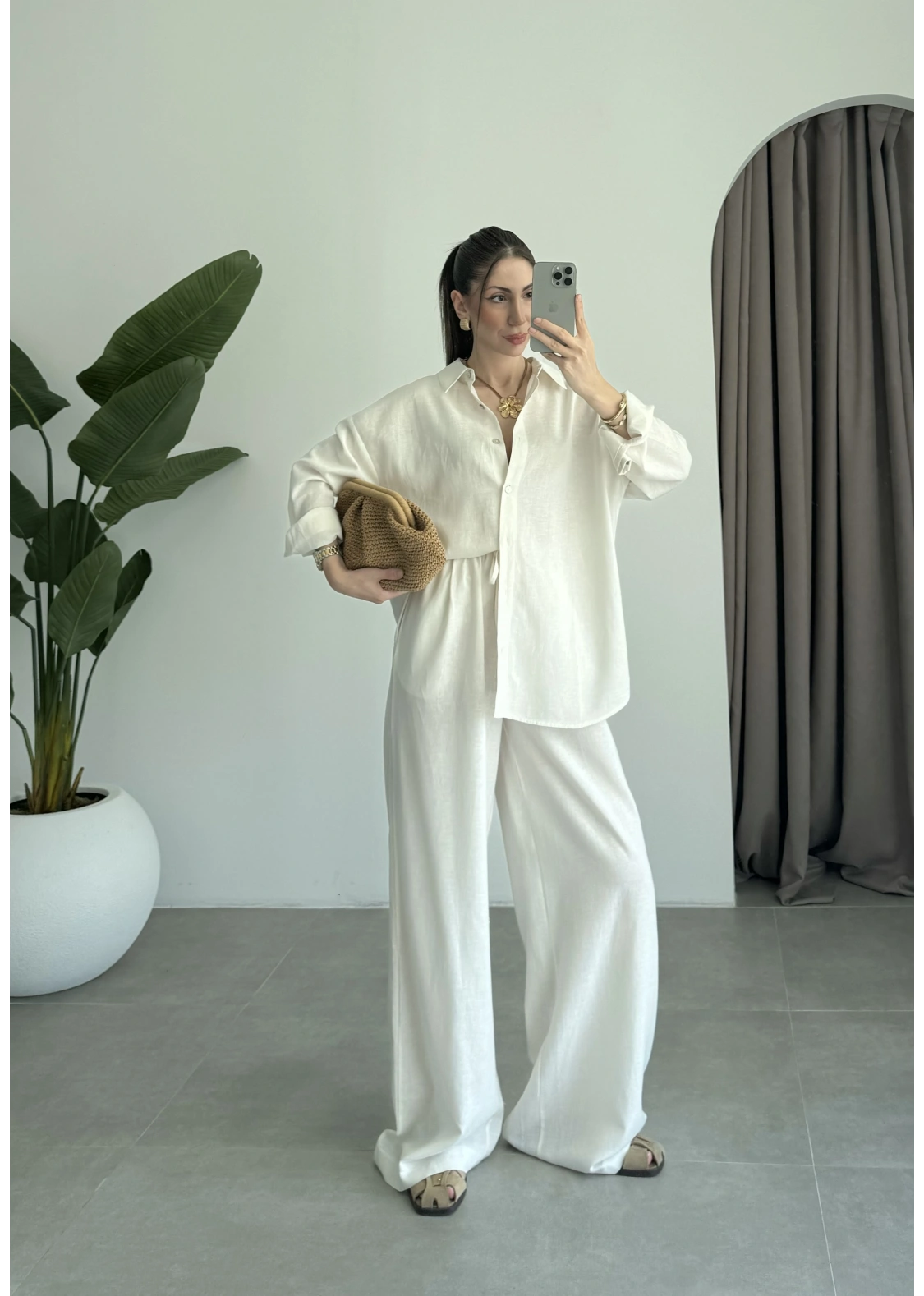 Anna Oversize Keten Ekru Palazzo Takım