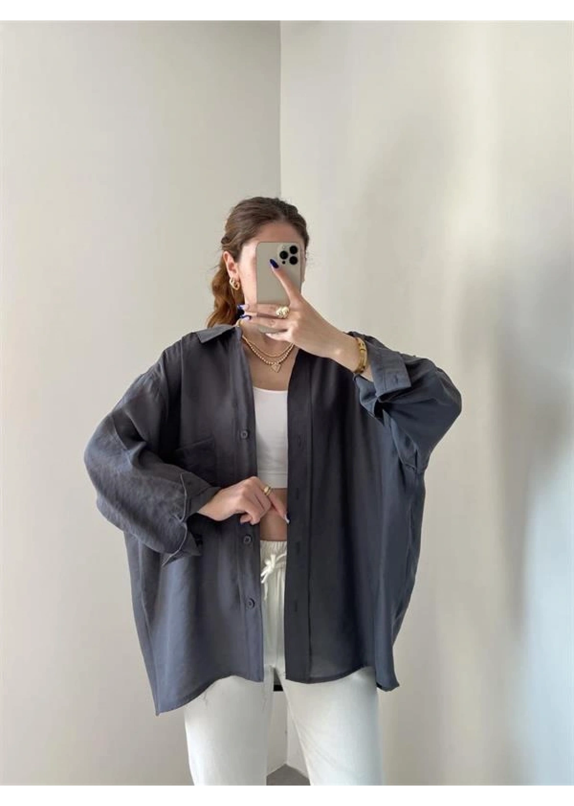 Antrasit Oversize Tensel Gömlek