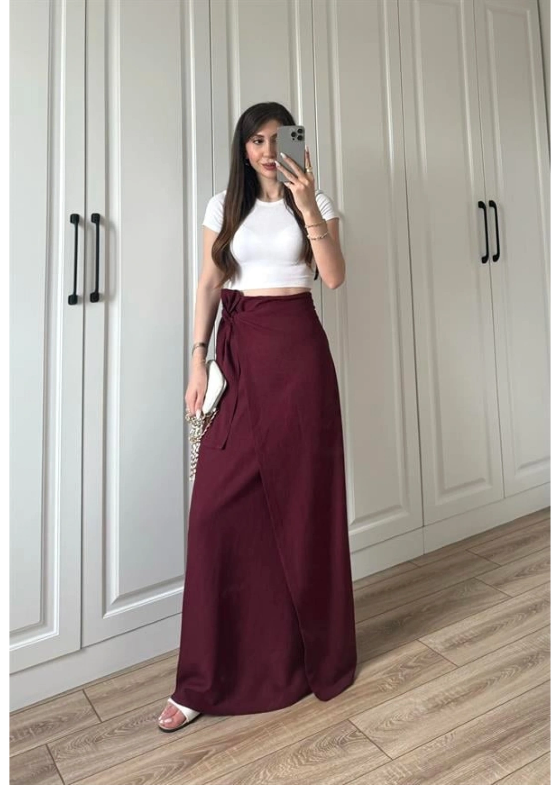 Anvelop Keten Uzun Bordo Etek