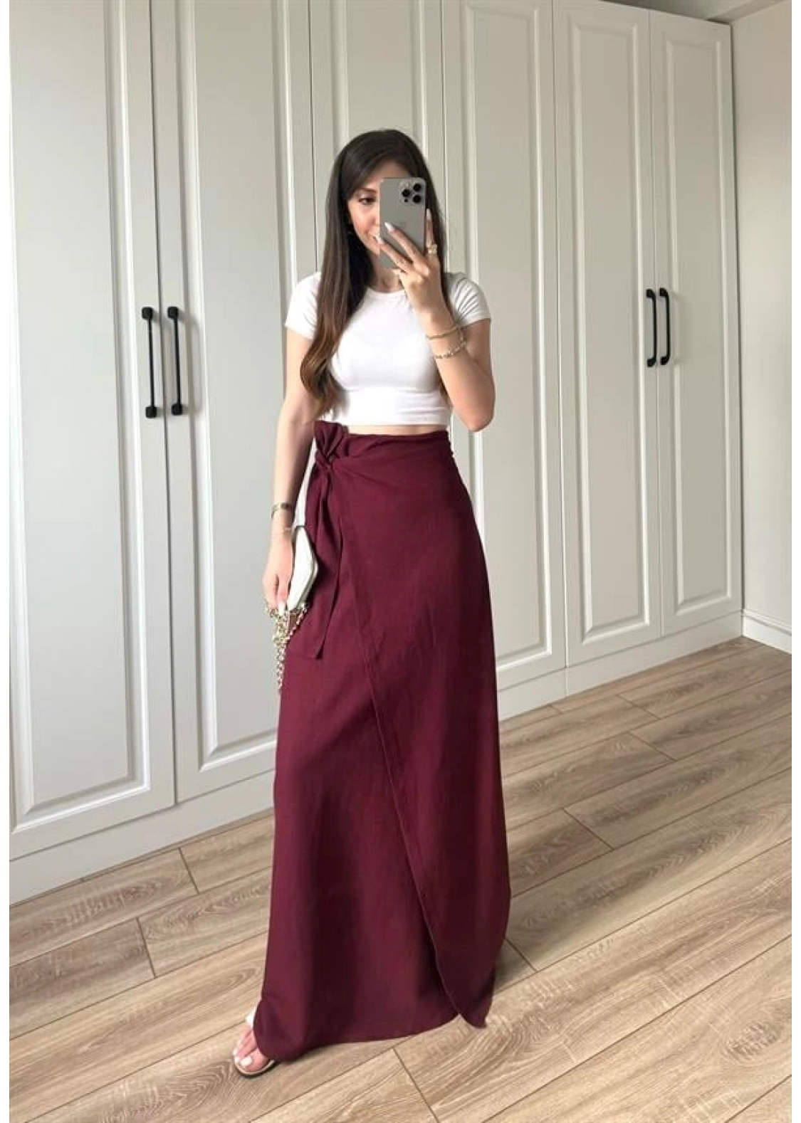 Anvelop Keten Uzun Bordo Etek
