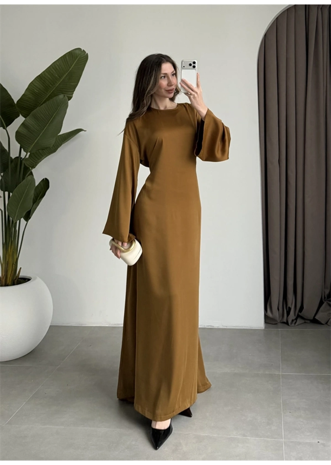 Arkadan Bağlamalı Yağ Yeşili Saten Elbise