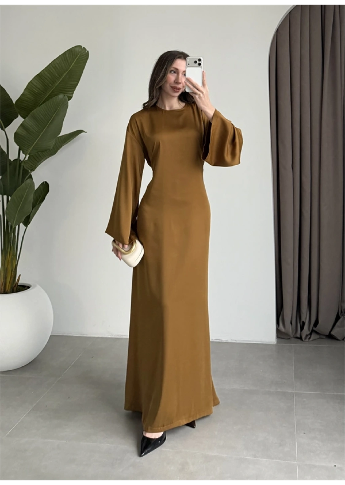 Arkadan Bağlamalı Yağ Yeşili Saten Elbise