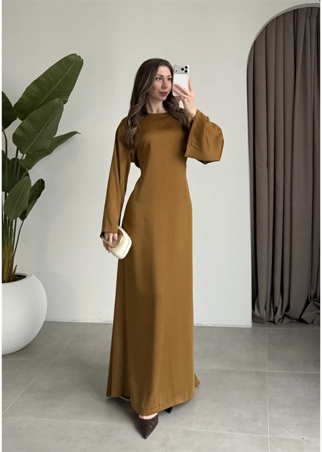 Arkadan Bağlamalı Yağ Yeşili Saten Elbise