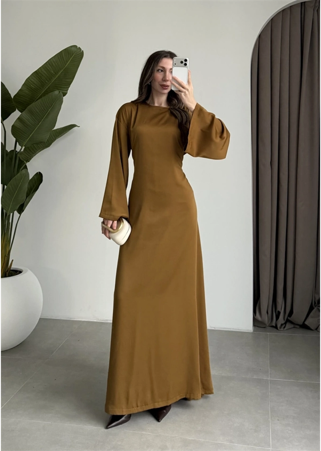 Arkadan Bağlamalı Yağ Yeşili Saten Elbise