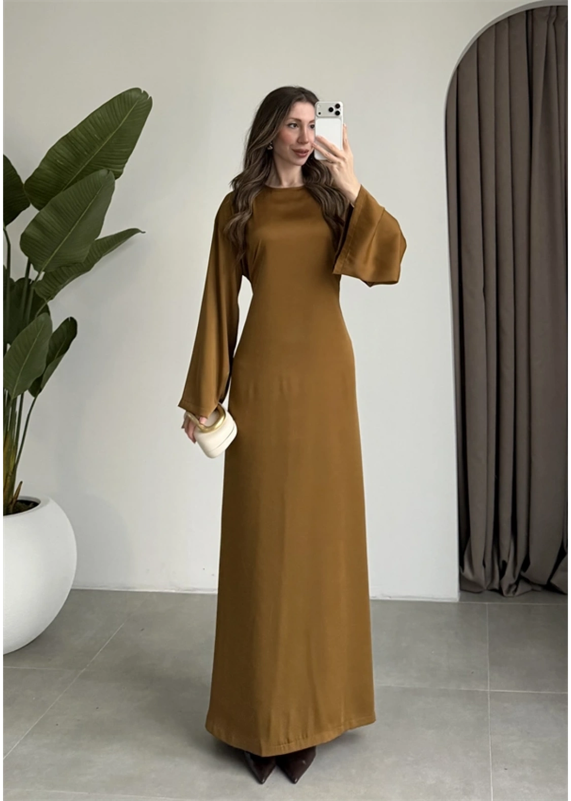 Arkadan Bağlamalı Yağ Yeşili Saten Elbise