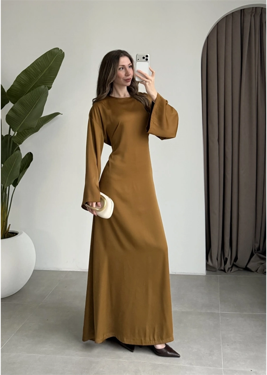 Arkadan Bağlamalı Yağ Yeşili Saten Elbise