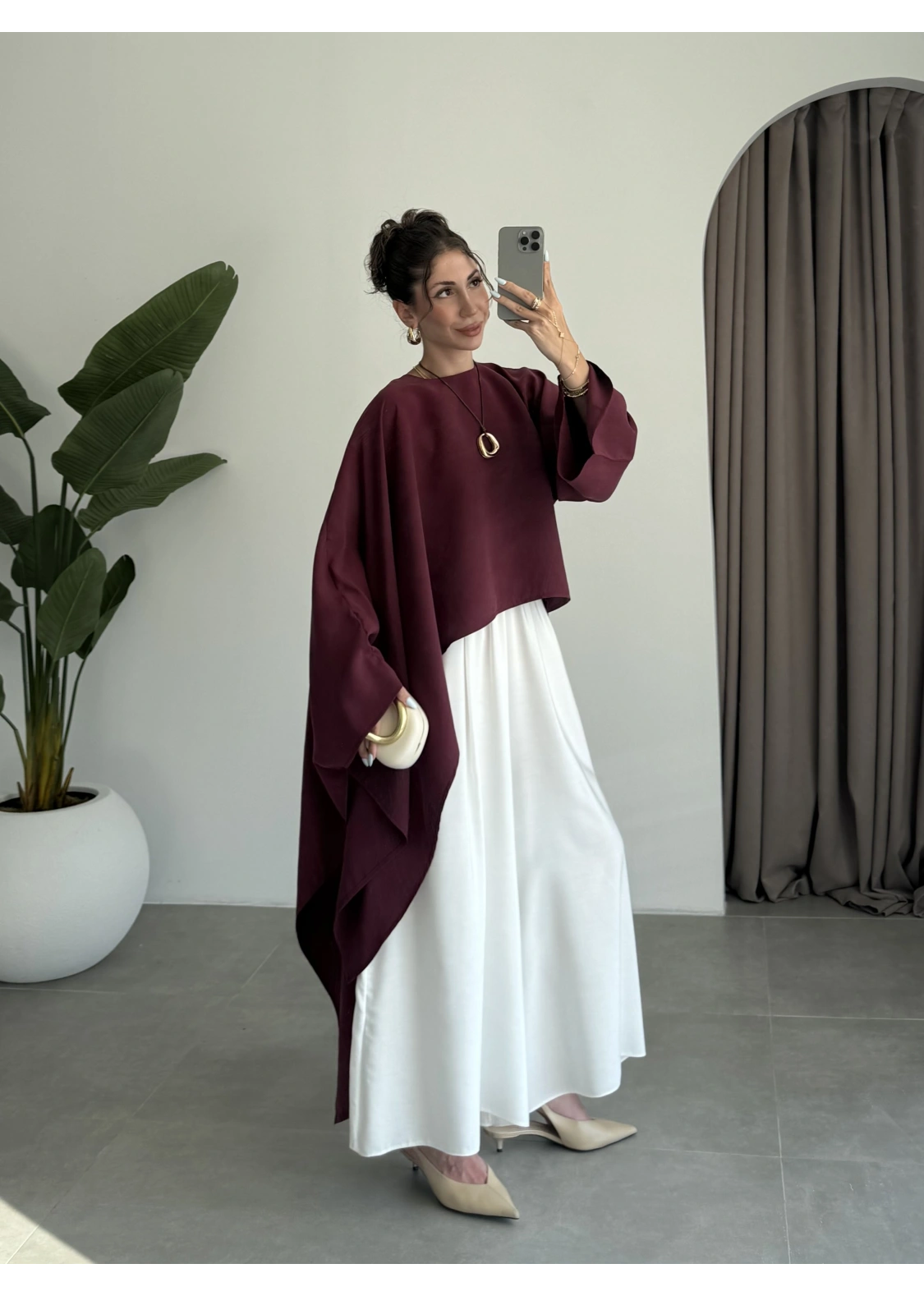 Asimetrik Modal Kumaş Bordo Bluz