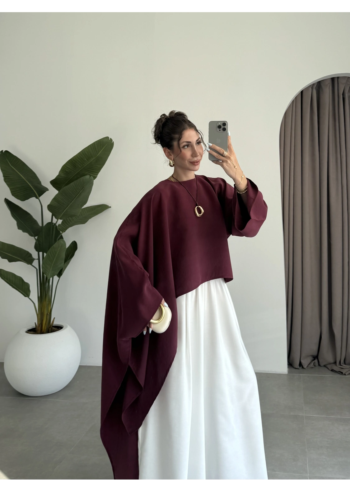 Asimetrik Modal Kumaş Bordo Bluz