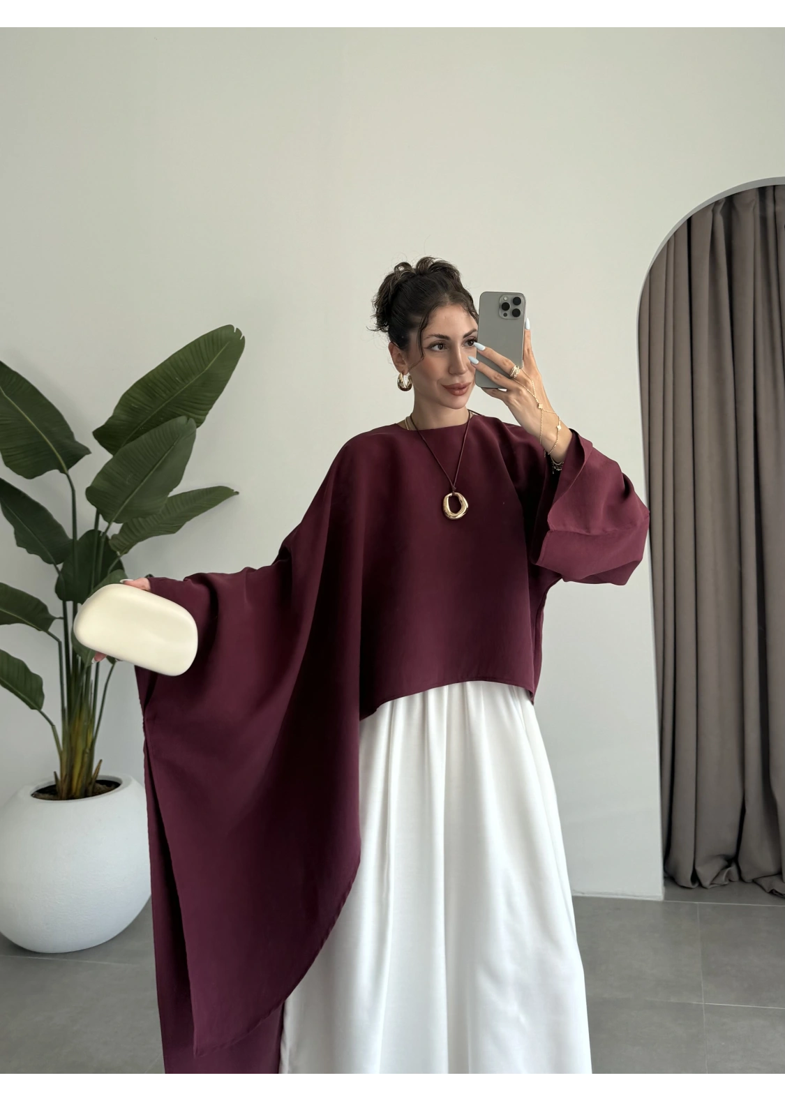 Asimetrik Modal Kumaş Bordo Bluz