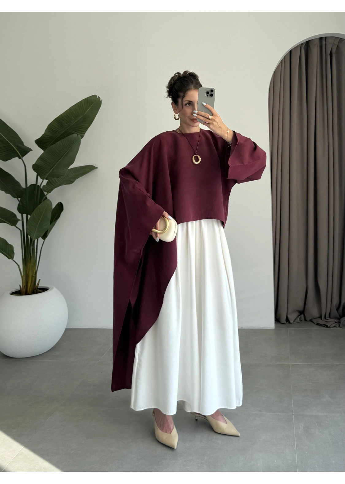 Asimetrik Modal Kumaş Bordo Bluz
