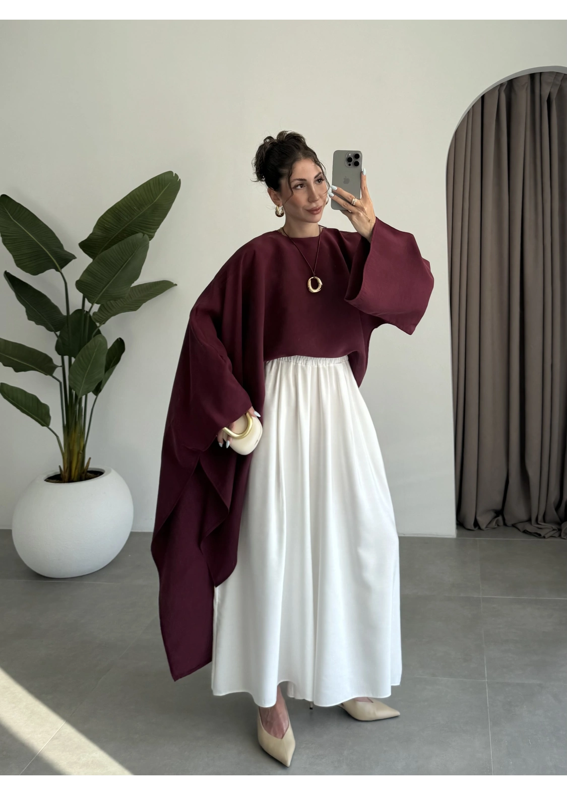 Asimetrik Modal Kumaş Bordo Bluz