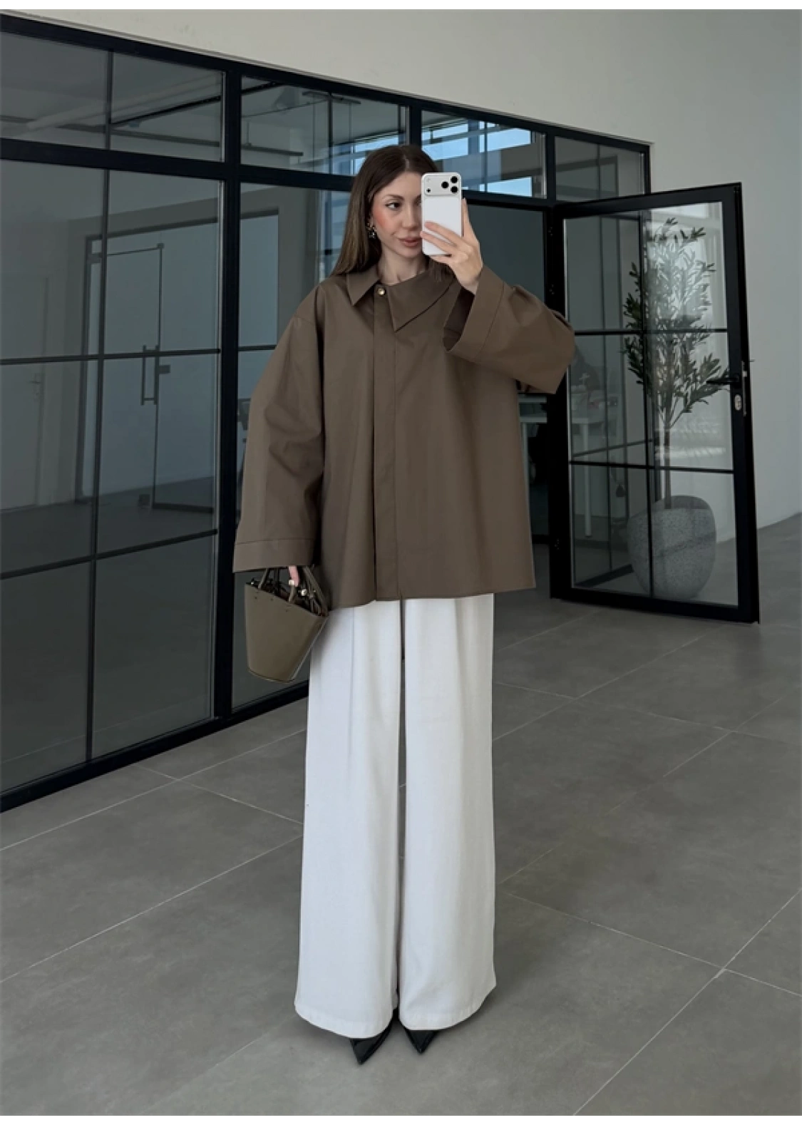 Asimetrik Yaka Oversize Haki Gömlek