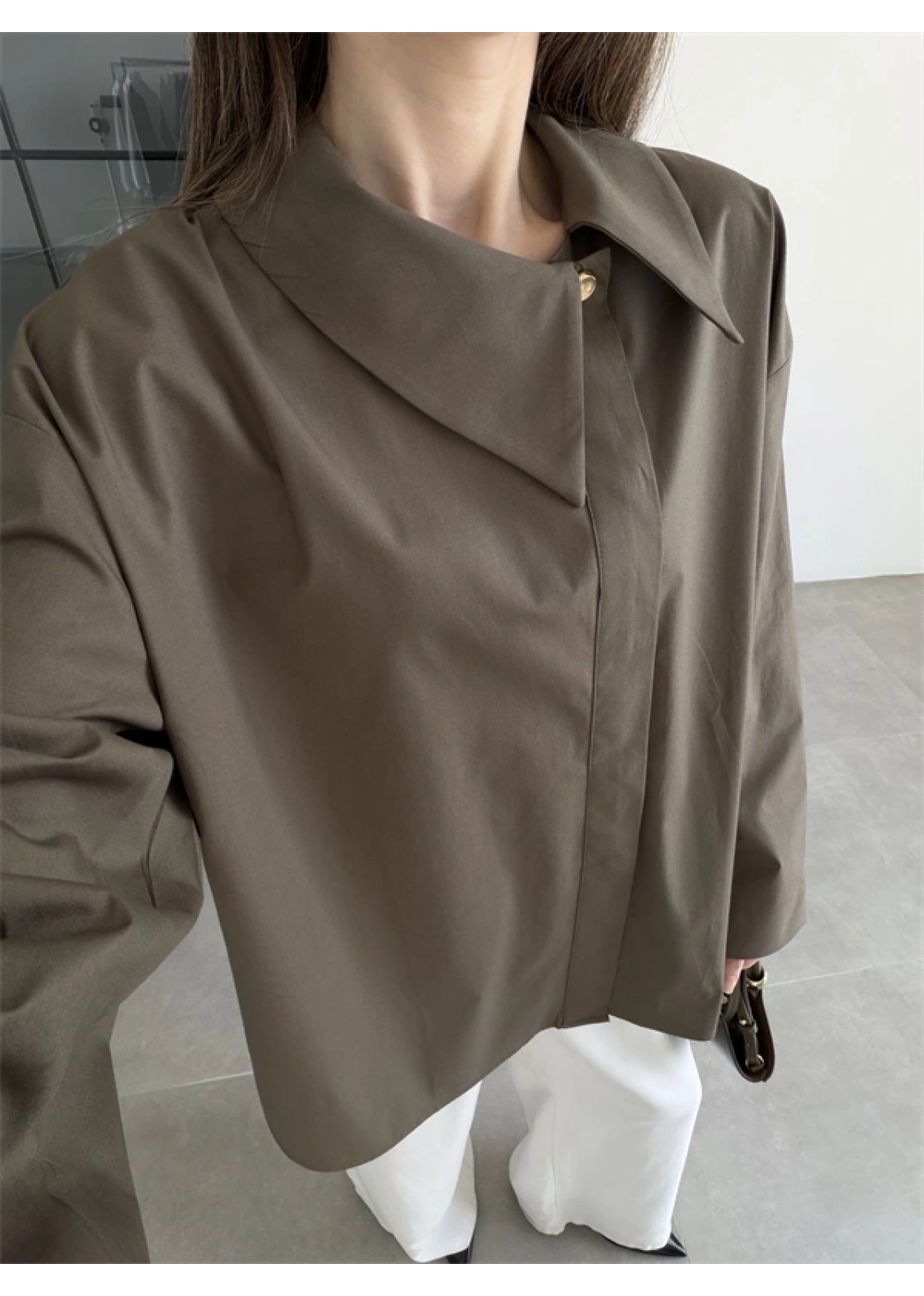 Asimetrik Yaka Oversize Haki Gömlek