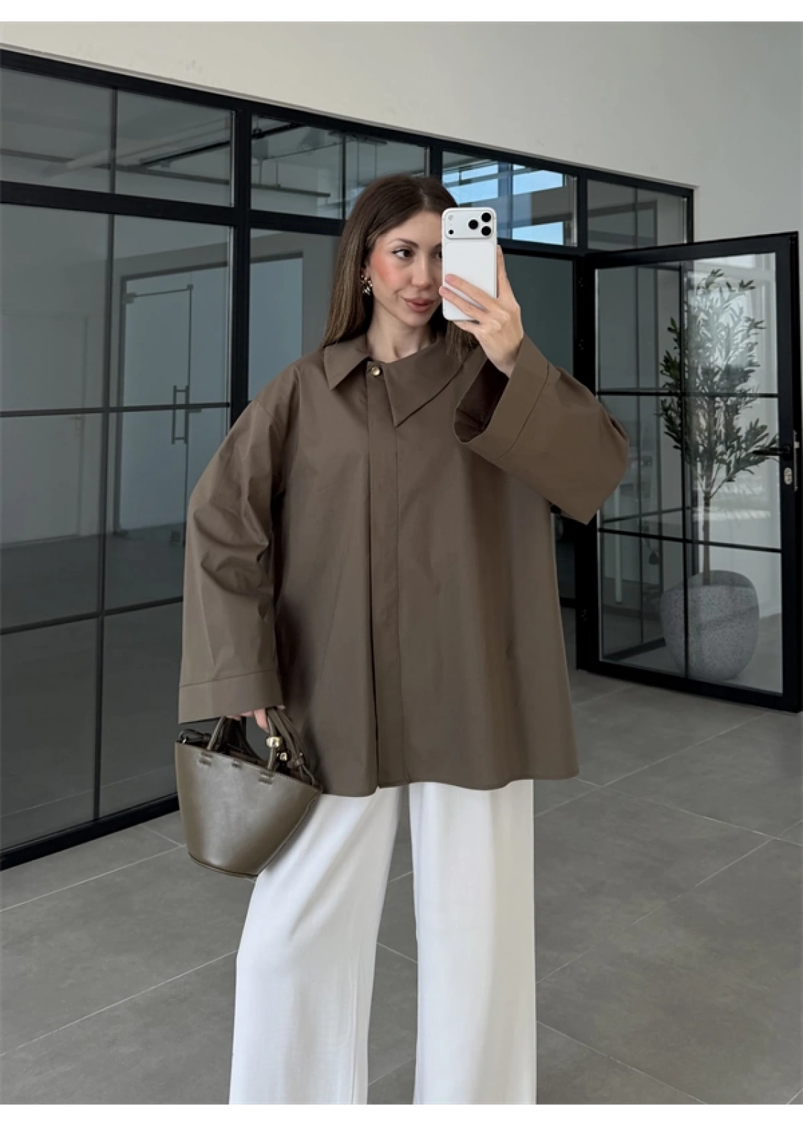 Asimetrik Yaka Oversize Haki Gömlek