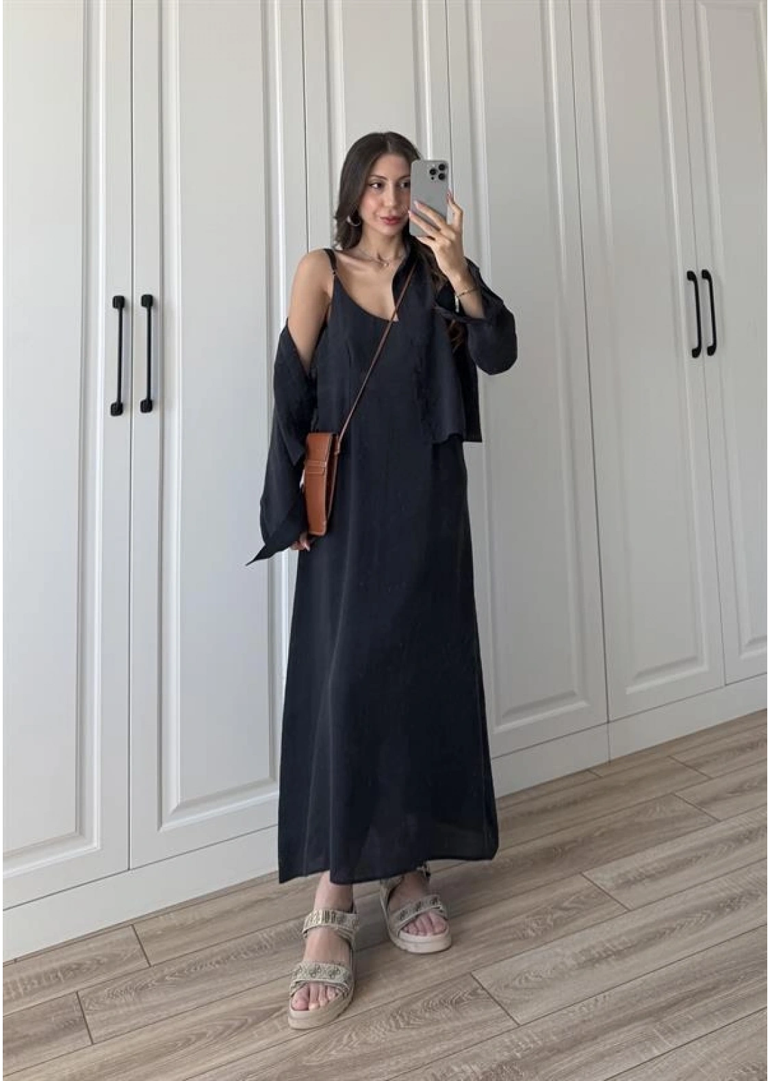 Askılı Siyah İkili Gömlek Elbise