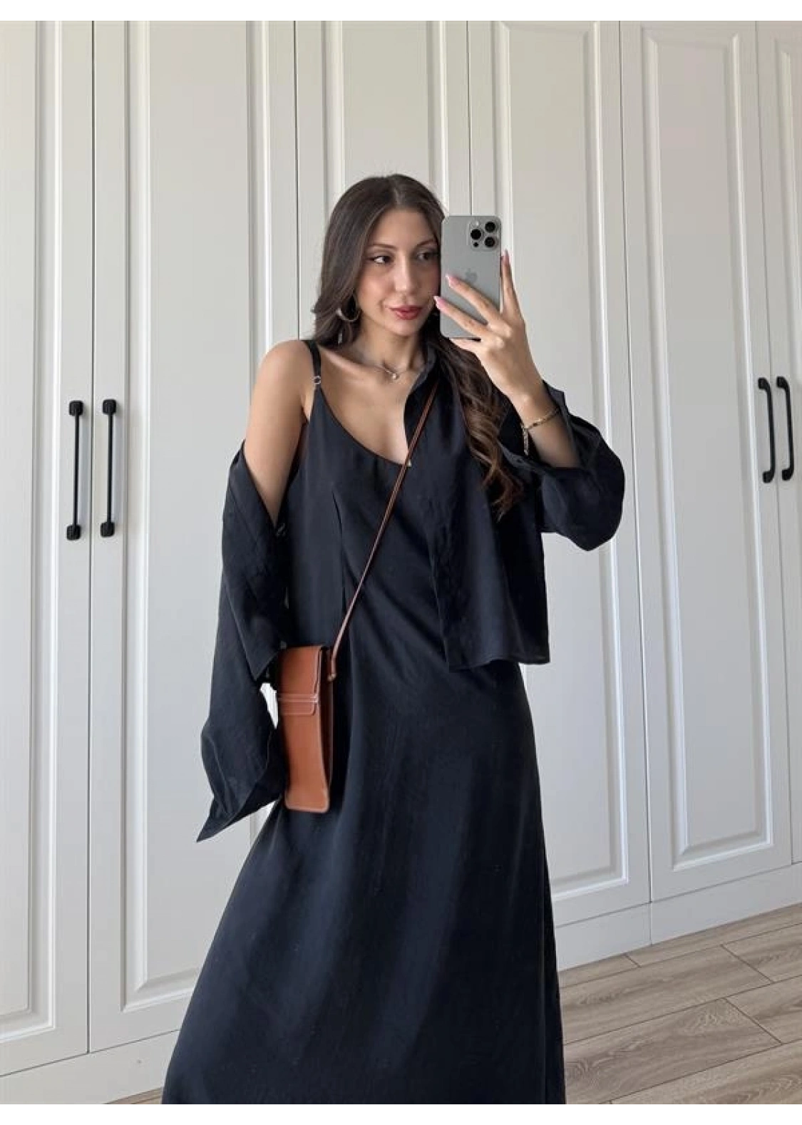 Askılı Siyah İkili Gömlek Elbise