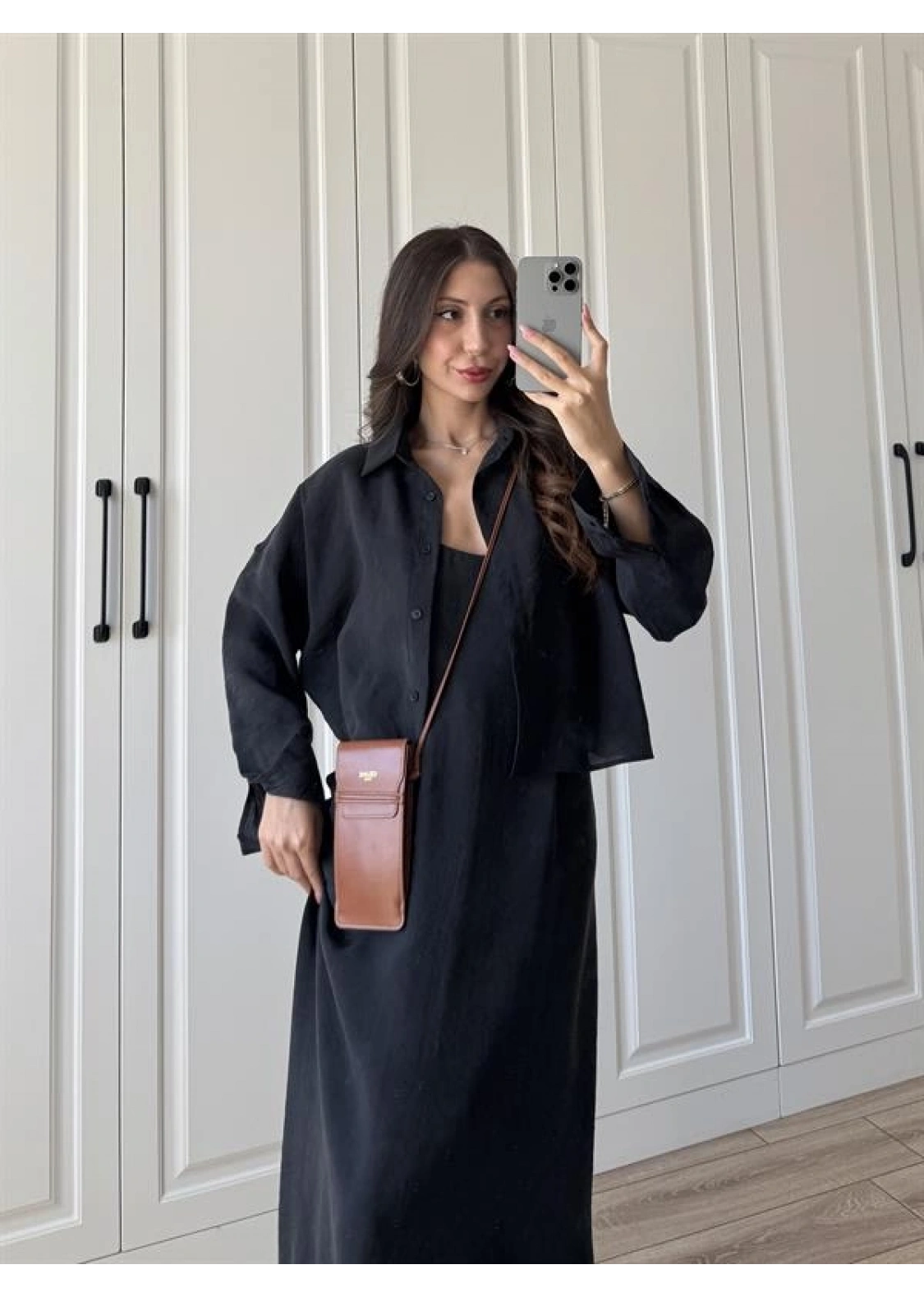 Askılı Siyah İkili Gömlek Elbise