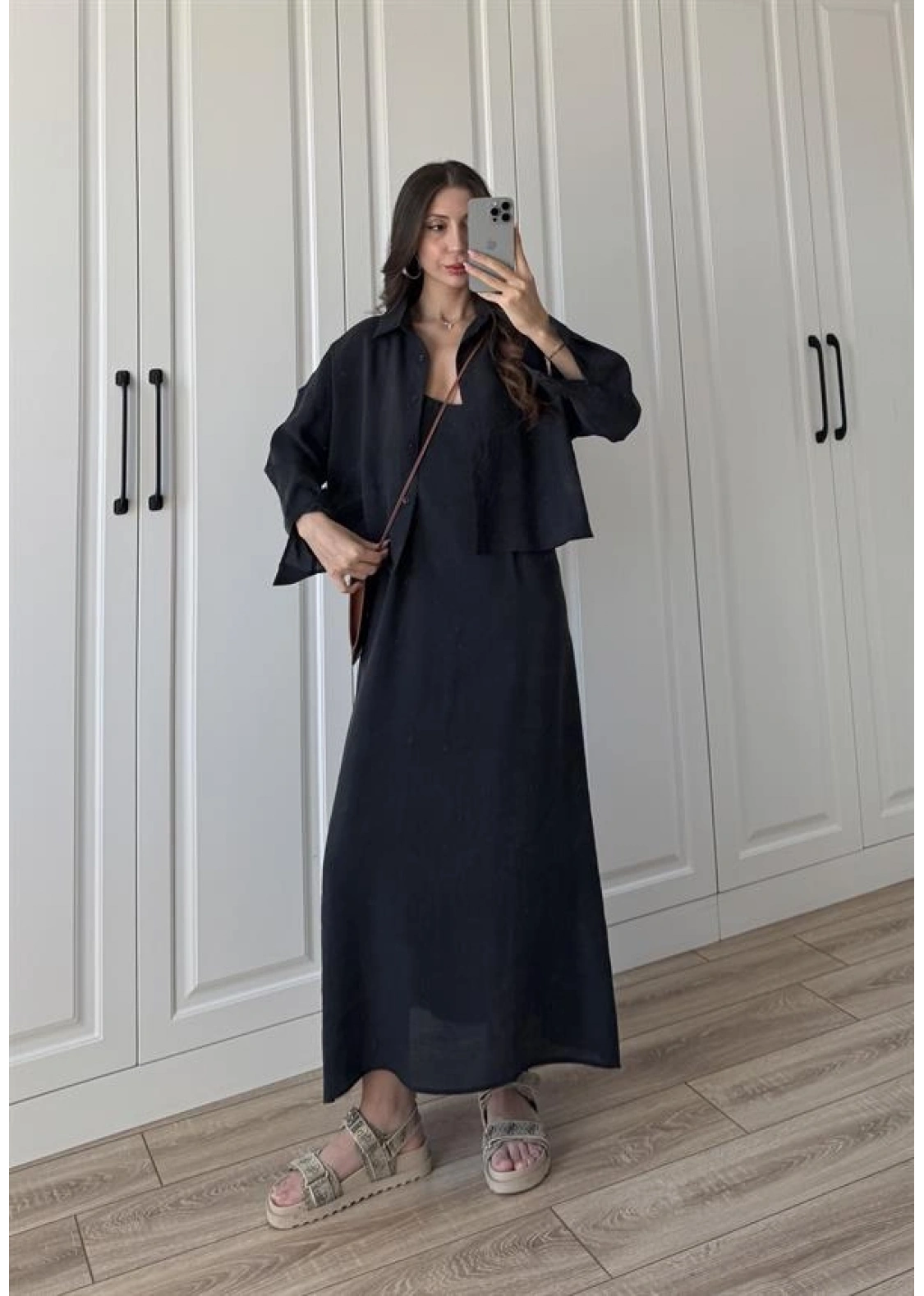 Askılı Siyah İkili Gömlek Elbise