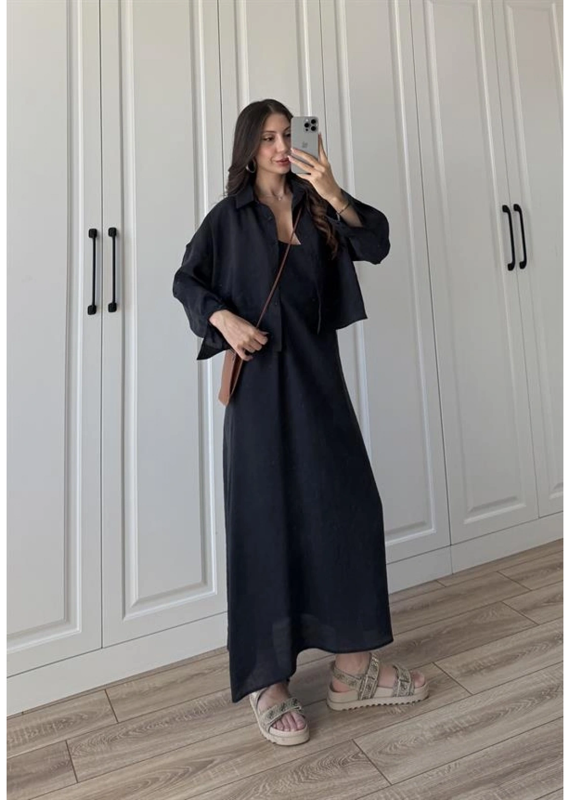 Askılı Siyah İkili Gömlek Elbise