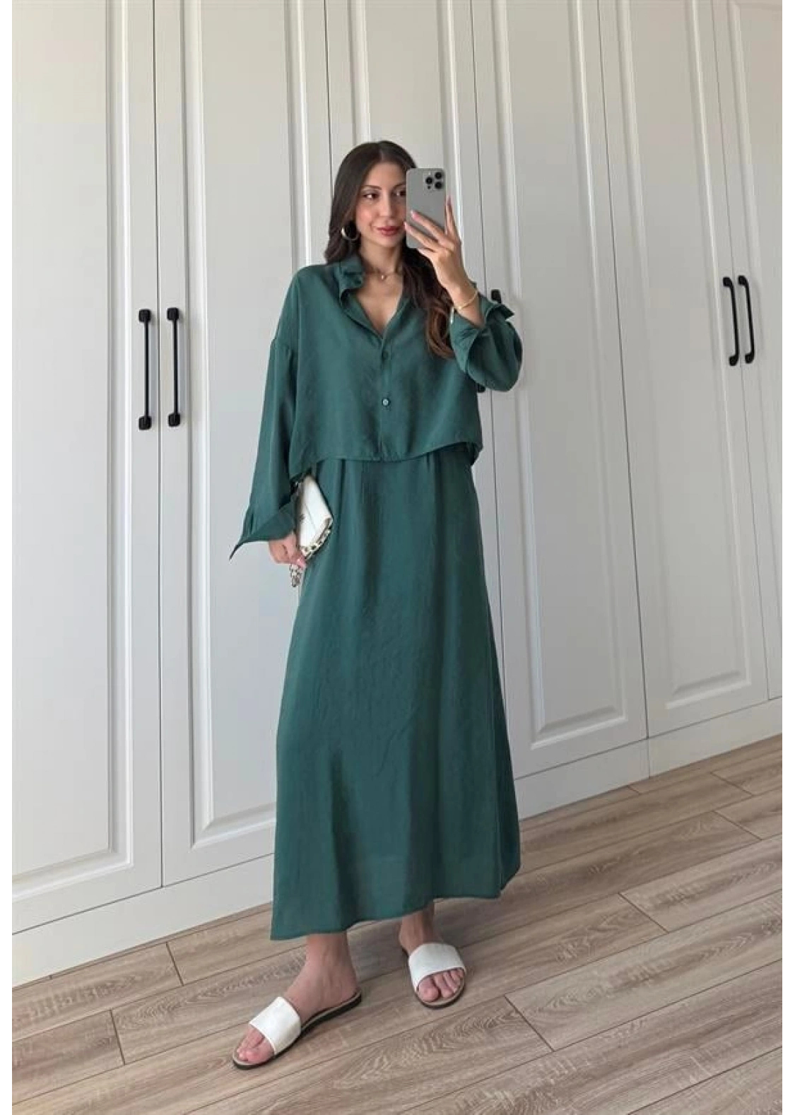 Askılı Zümrüt Yeşili İkili Gömlek Elbise