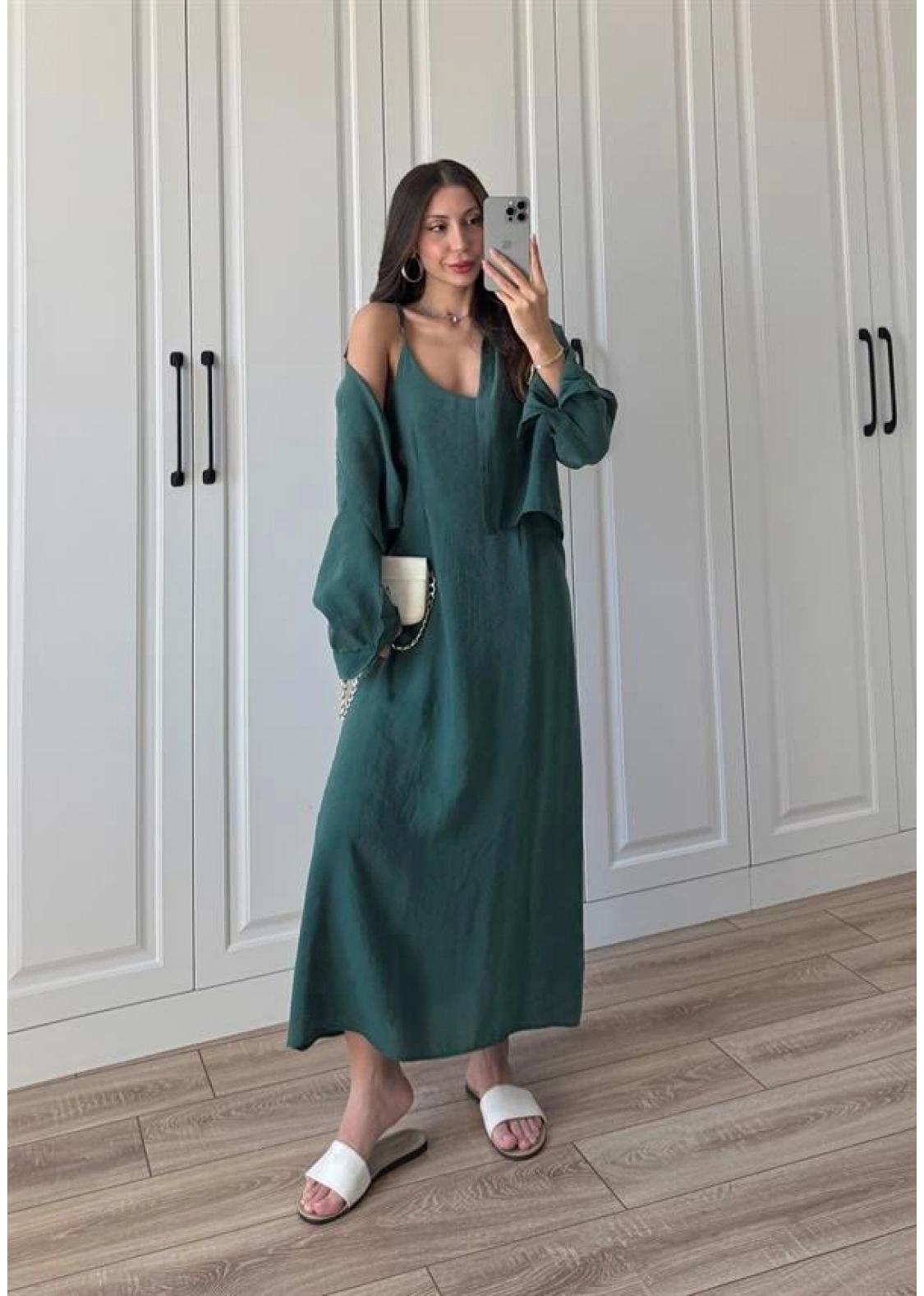 Askılı Zümrüt Yeşili İkili Gömlek Elbise