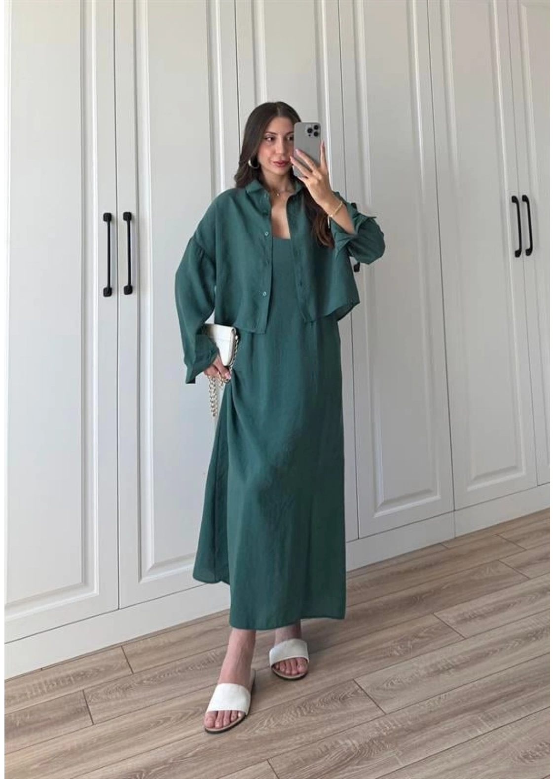 Askılı Zümrüt Yeşili İkili Gömlek Elbise