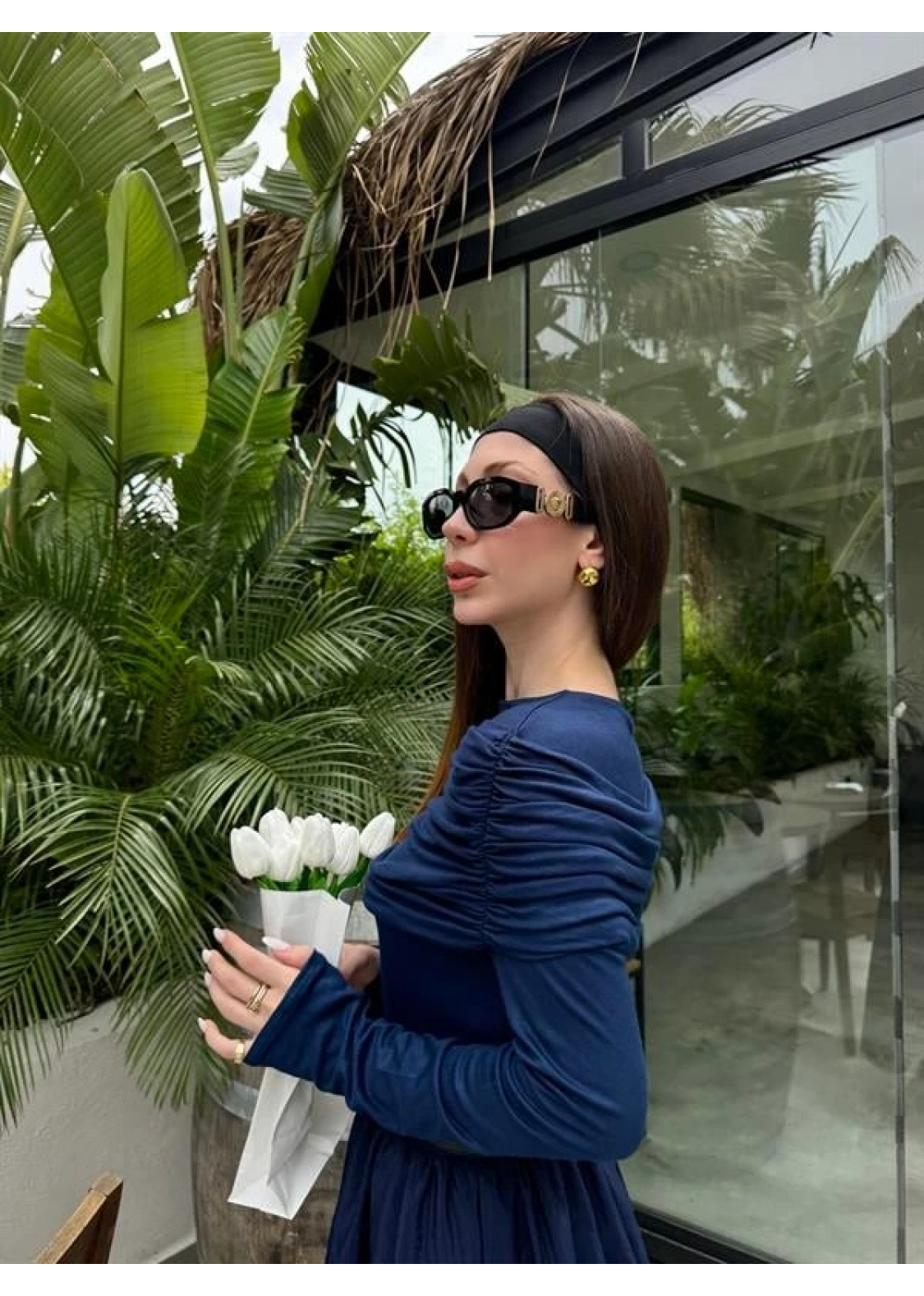 Ayla Büzgü Yaka Tasarım Lacivert Elbise