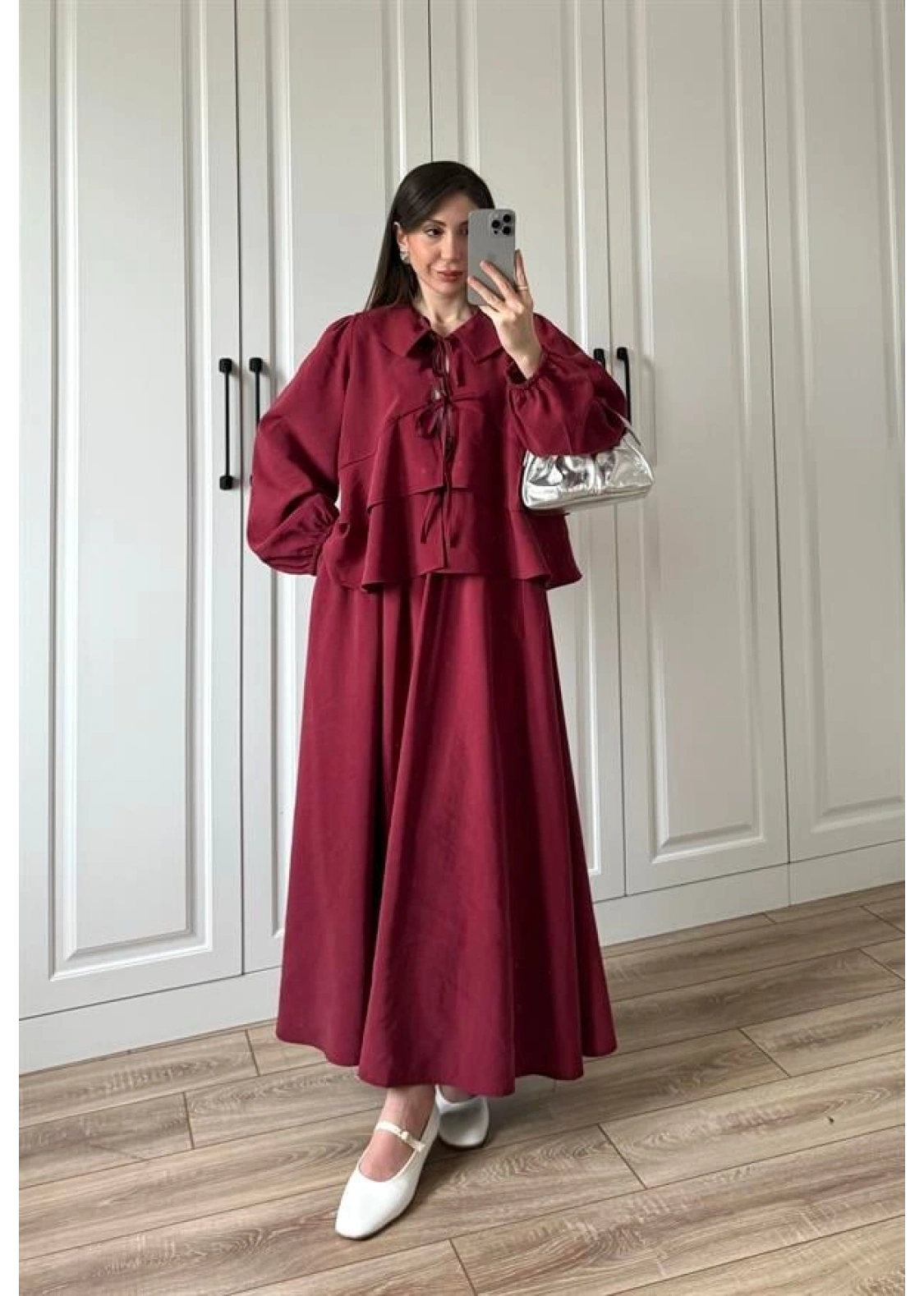 Bebe Yaka Tasarım Bordo Modal Etekli Takım